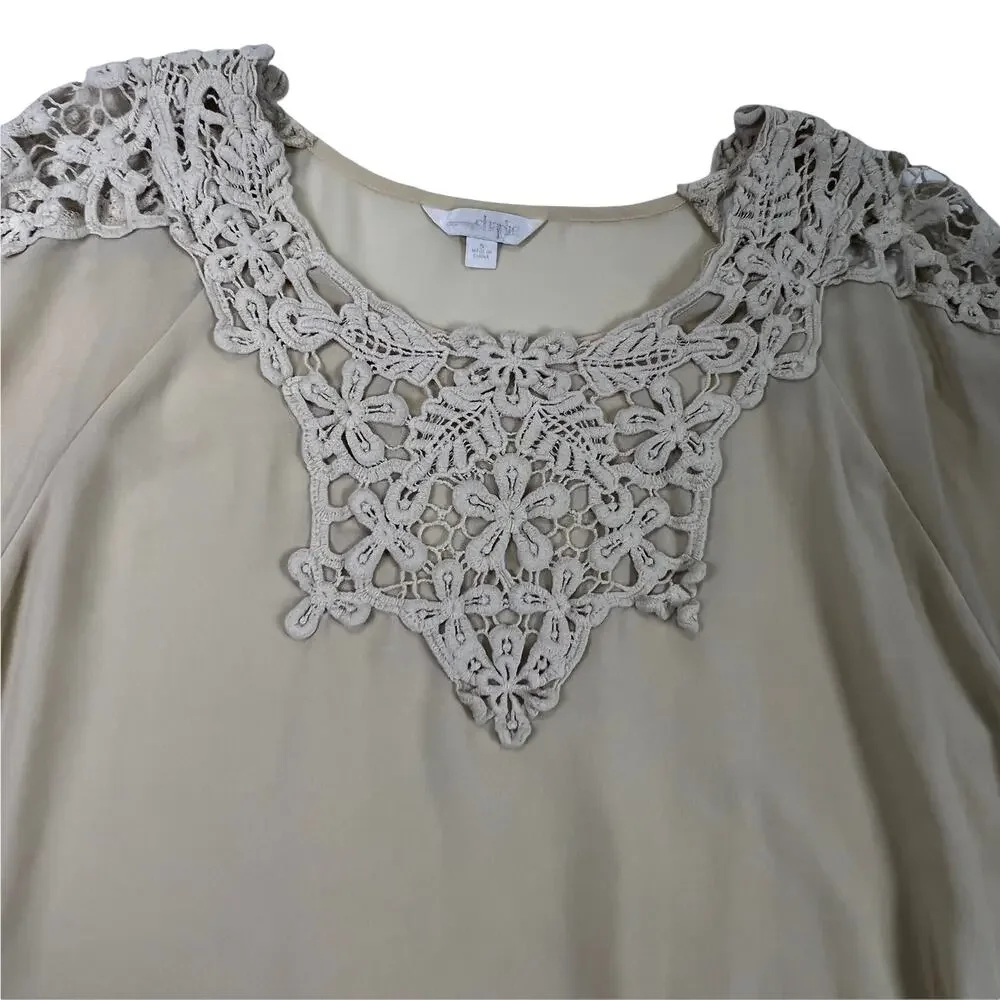Charming Charlie Beige Semi Sheer Chiffon Crochet Lace Trimmed Blouse Top Small - Picture 3 of 12